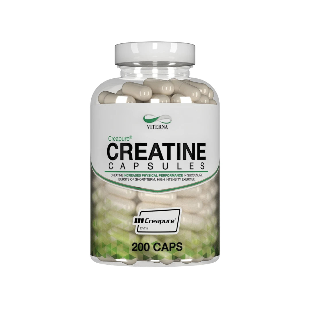 Viterna Creapure® Kreatin 200 caps läpinäkyvässä purkissa, jossa on valkoinen etiketti ja vihreitä yksityiskohtia., kuva 1/1