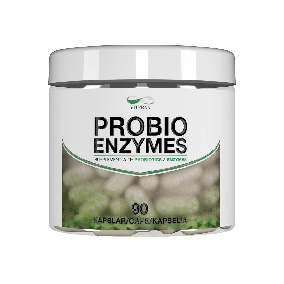 Viterna Probio Enzymes 90 caps pakattuna valkoiseen purkkiin, jossa on tyylikkäitä vihreitä yksityiskohtia ja näkyviä kapseleita etiketissä., kuva 1/1