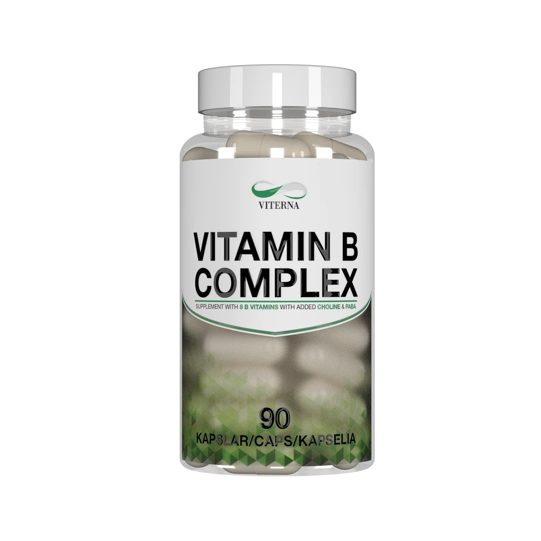Viterna Vitamin-B Complex 90 caps läpinäkyvässä muovipurkissa, jonka etiketissä on valkoisia ja vihreitä yksityiskohtia., kuva 1/1