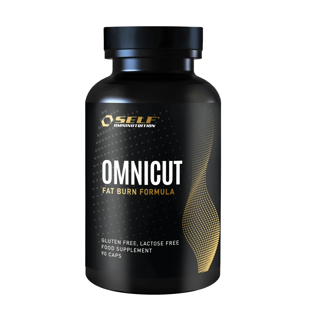 Self Omninutrition Omnicut 90 caps -rasvanpolttaja mustassa purkissa, jossa on kultaisia yksityiskohtia ja valkoista tekstiä., kuva 1/1