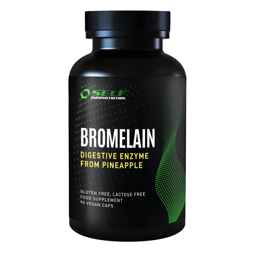Self Omninutrition Bromelain 90 caps kosttillskott i en svart burk med grön och vit text., bild 1 av 1