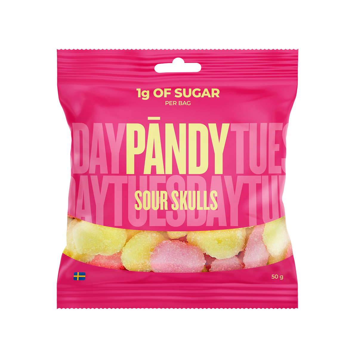 Pändy Candy 50 g Sour Skulls vaaleanpunaisessa pussissa, täynnä keltaisia ja vaaleanpunaisia happamia vaahtokarkkeja., kuva 1/1
