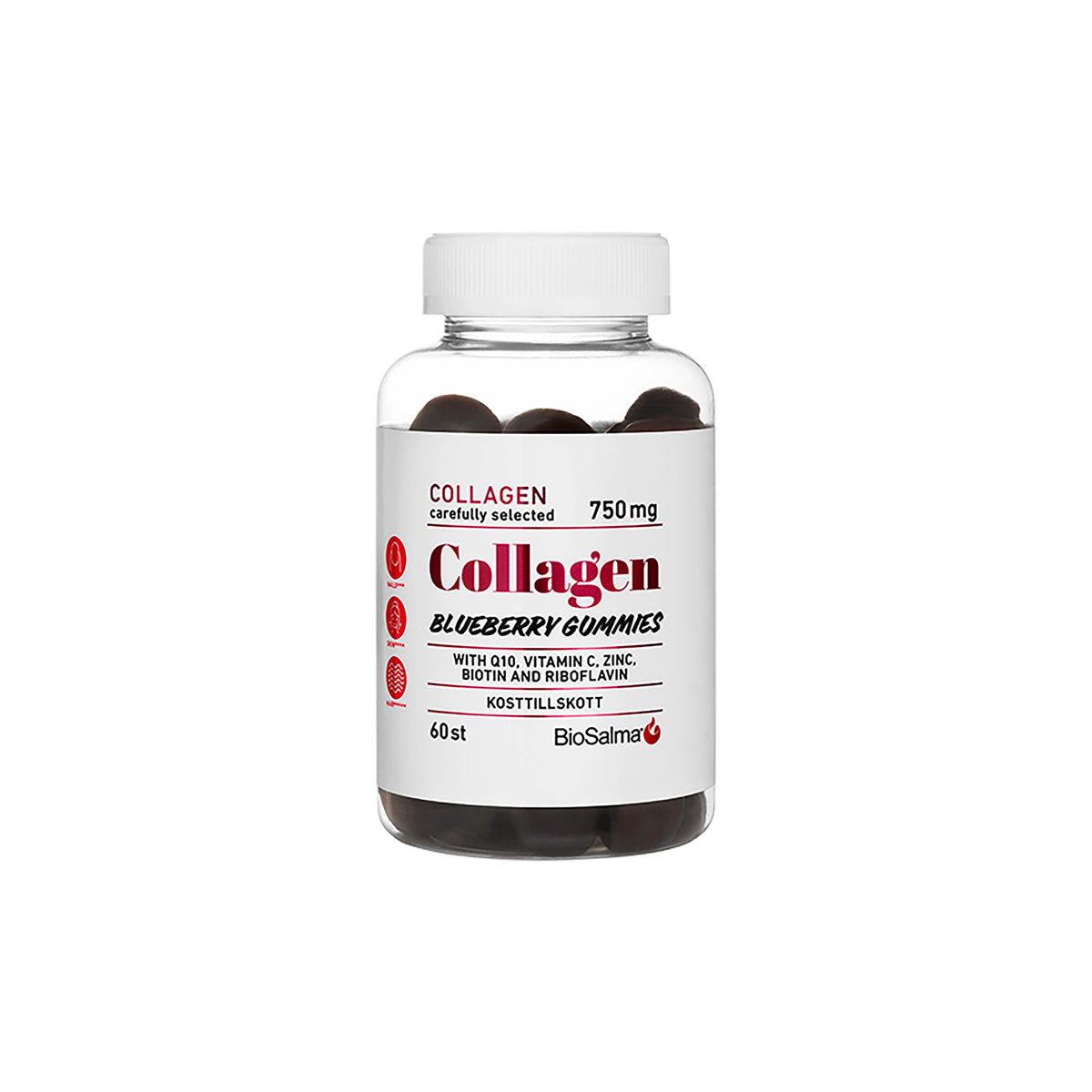 BioSalma Collagen Gummies 60 pcs läpinäkyvässä purkissa, täynnä tummanvioletteja mustikanmakuisia gummyja., kuva 1/1