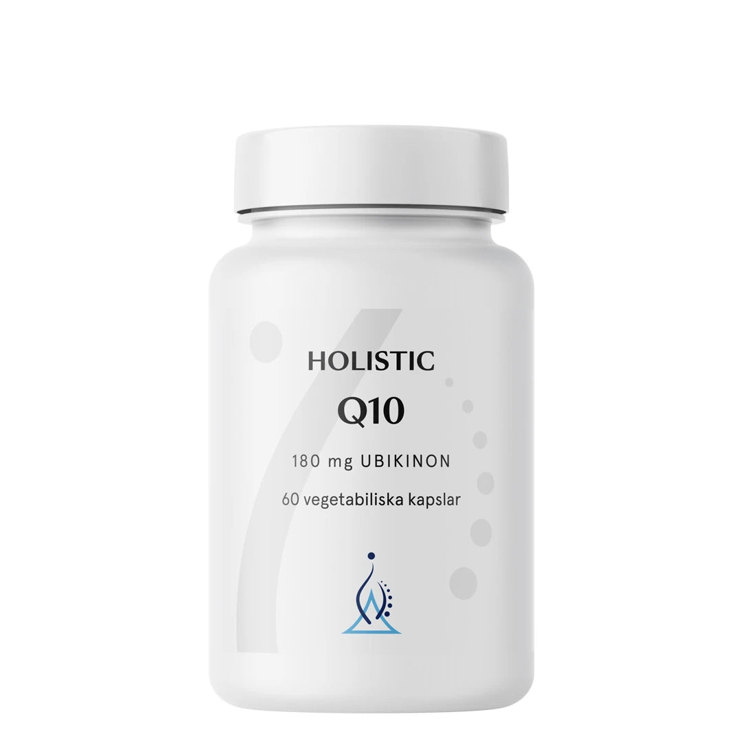Holistic Q10 180 mg 60 caps -ravintolisä valkoisessa muovipurkissa, jossa on mustia ja sinisiä yksityiskohtia., kuva 1/1