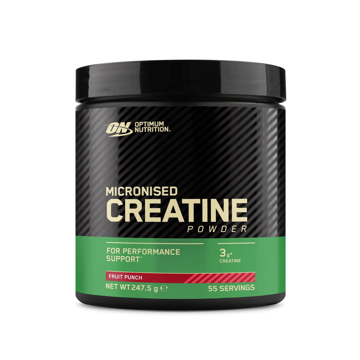 Optimum Nutrition Creatine Powder 247.5 g mustassa purkissa vihreällä etiketillä, makuna Fruit Punch., kuva 1/2