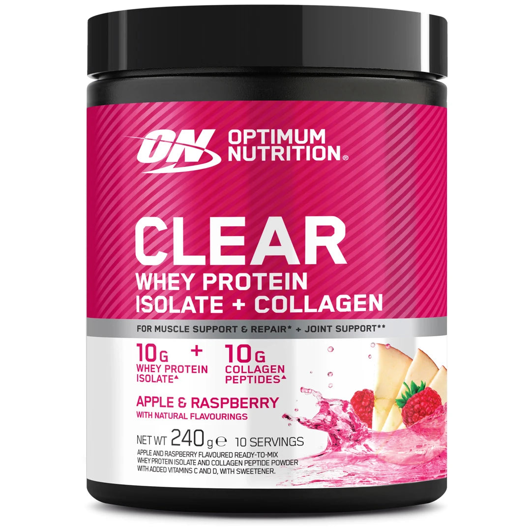 Optimum Nutrition Clear Whey + Collagen 240 g mustassa purkissa pinkillä etiketillä, makuna Apple Raspberry., kuva 1/2