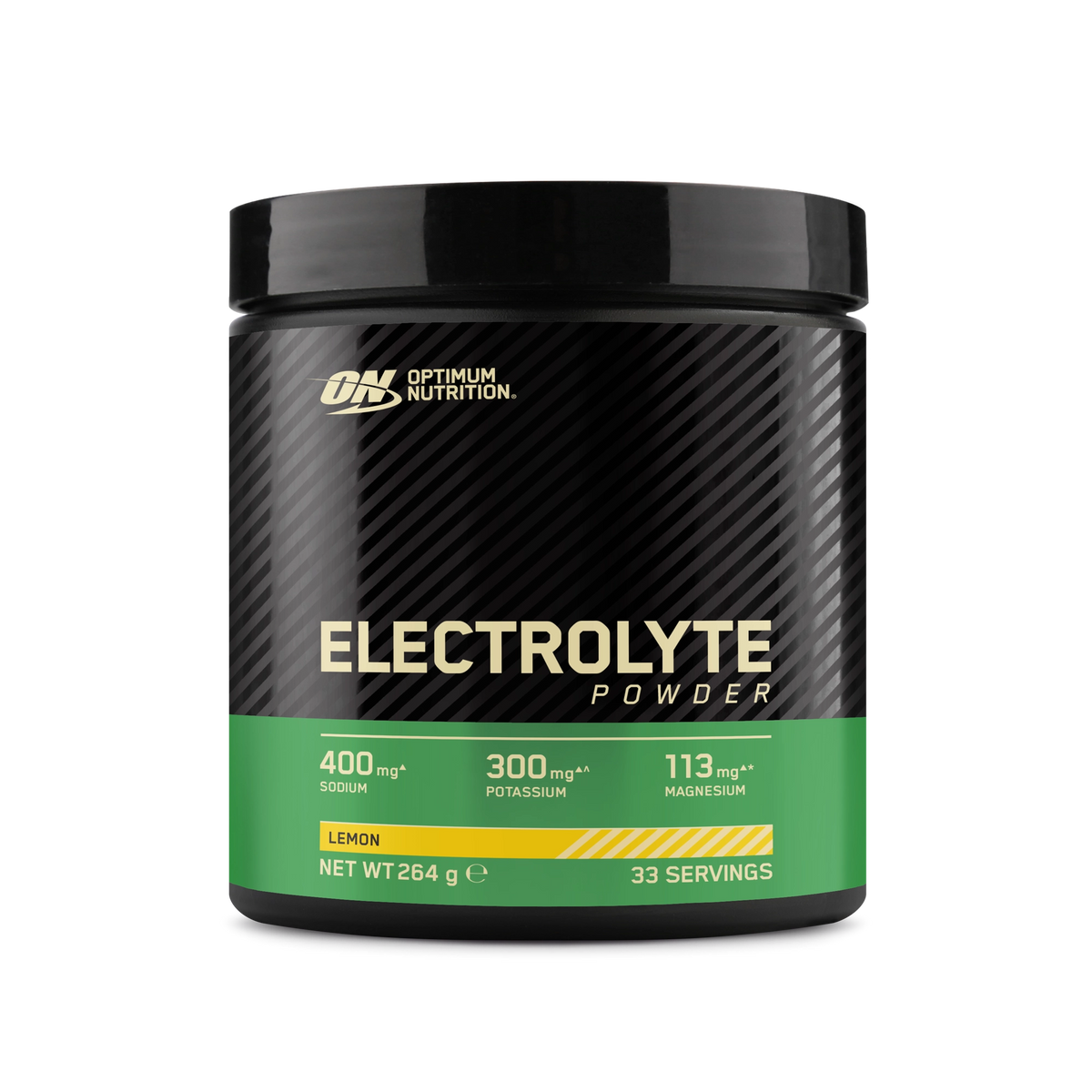 Optimum Nutrition Electrolyte Powder 264 g mustassa purkissa, jossa on vihreä etiketti, makuna Lemon., kuva 1/2