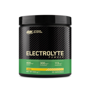 Optimum Nutrition Electrolyte Powder 264 g mustassa purkissa, jossa on vihreä etiketti, makuna Lemon.