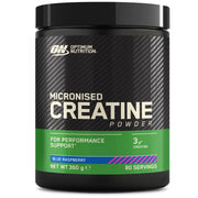 Optimum Nutrition Creatine Powder 360 g mustassa purkissa vihreillä yksityiskohdilla, makuna Blue Raspberry.