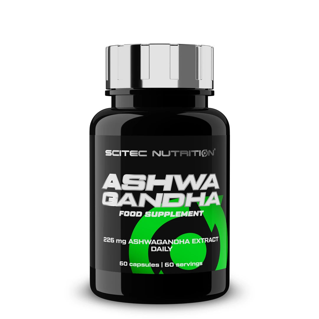 Scitec Nutrition Ashwagandha 60 caps mustassa purkissa, jossa on vihreitä yksityiskohtia ja hopeanvärinen kansi., kuva 1/1