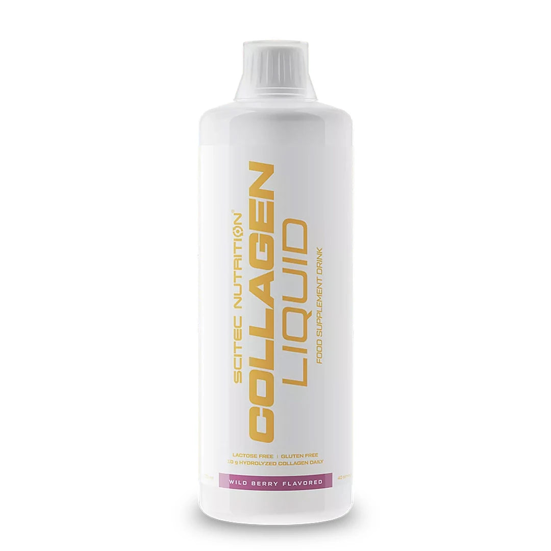 Scitec Nutrition Collagen Liquid 1000 ml, nestemäinen kollageeni valkoisessa muovipullossa, jossa on kultainen teksti ja maku Wild Berry., kuva 1/1