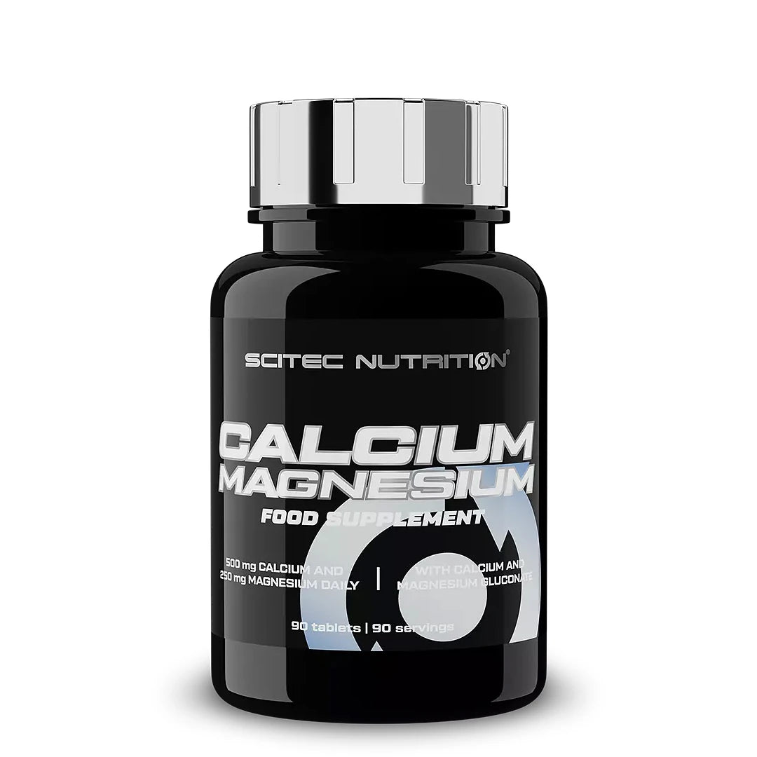 Scitec Nutrition Calcium-Magnesium 90 tabs -ravintolisä mustassa purkissa, jossa on hopeinen kansi., kuva 1/1