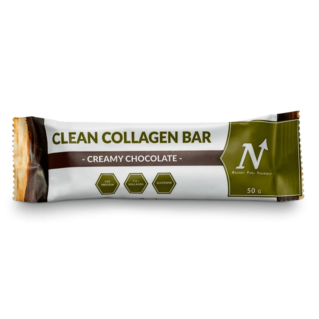 Nyttoteket Clean Collagen Bar 50 g valko-vihreässä pakkauksessa, makuna Creamy Chocolate., kuva 1/1