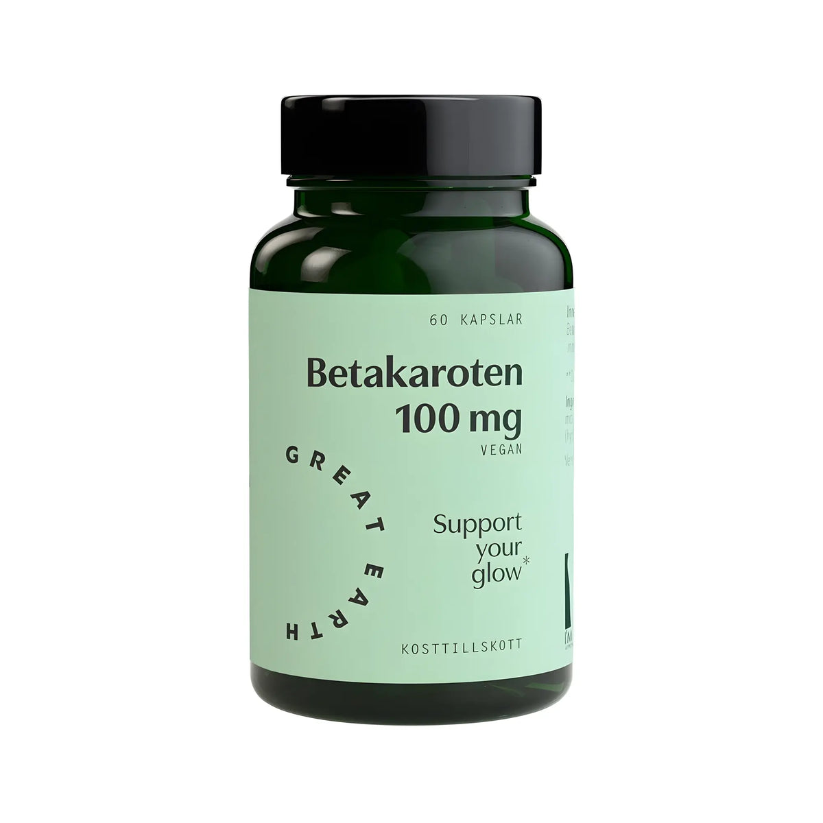 Vegaaninen Great Earth Betakaroten 60 caps -ravintolisä tummanvihreässä purkissa, jossa on vaaleanvihreä etiketti., kuva 1/1