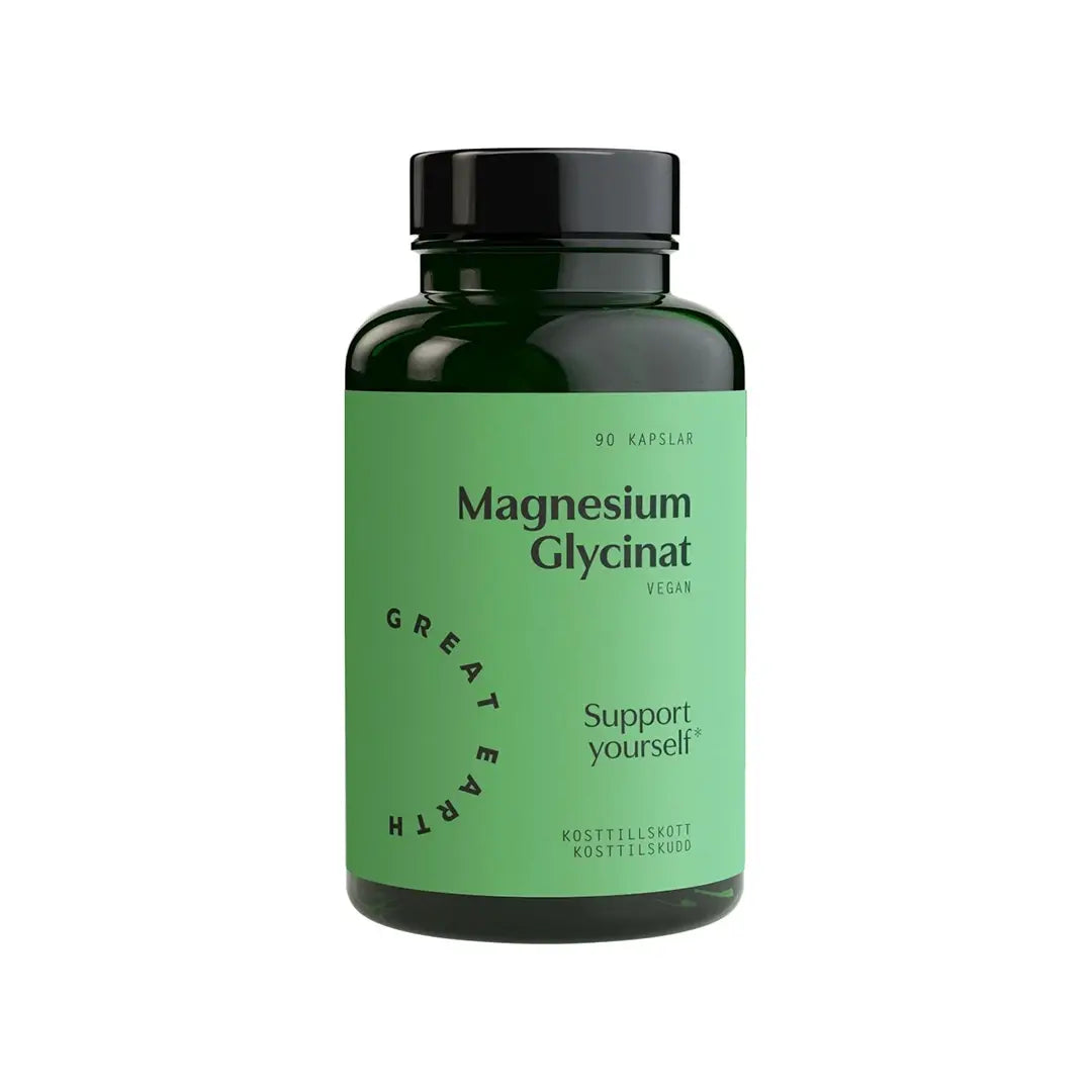 Great Earth Magnesiumglycinat 90 caps tummanvihreässä purkissa, jossa on vaaleanvihreä etiketti ja musta teksti., kuva 1/1