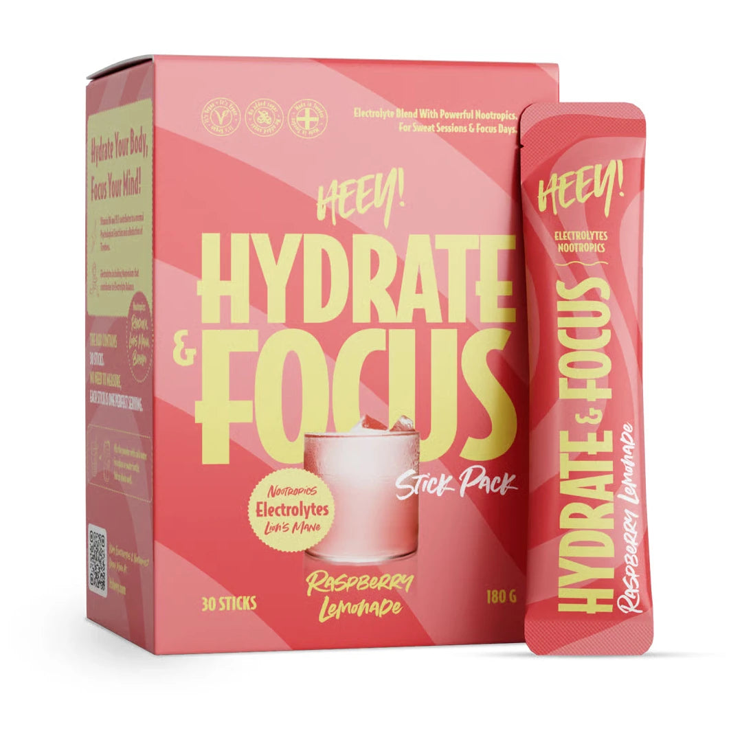 Heey! Hydrate &amp; Focus Electrolytes + Lions Mane 30 x Stick Pack Raspberry Lemonade vaaleanpunaisessa pahvipakkauksessa., kuva 1/1