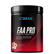 Self Omninutrition EAA PRO 400 g -aminohapot mustassa purkissa punaisilla yksityiskohdilla, makuna Ice Tea Peach.