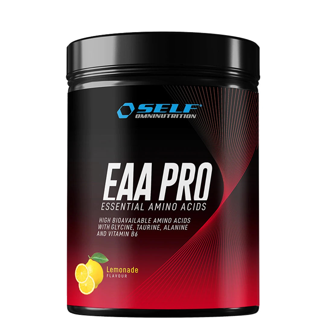 Self Omninutrition EAA PRO 400 g aminosyror i en svart burk med röda detaljer för smaken Lemonade., bild 3 av 5