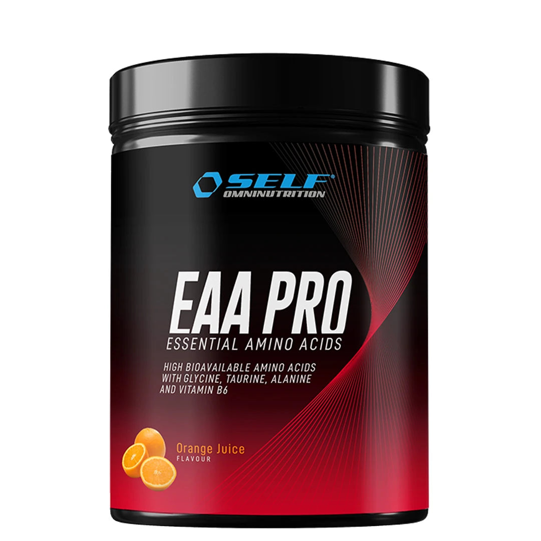 Self Omninutrition EAA PRO 400 g aminosyror i en svart burk med röda detaljer för smaken Orange., bild 4 av 5