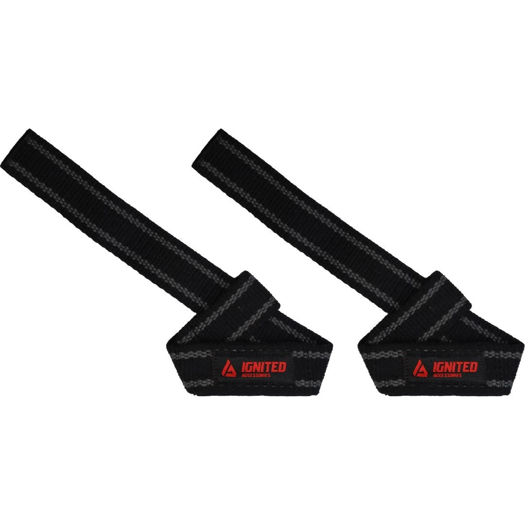 Mustat Ignited Premium Padded Lifting Straps Black/Grey -vetoremmit harmailla yksityiskohdilla ja punaisella logolla., kuva 1/1