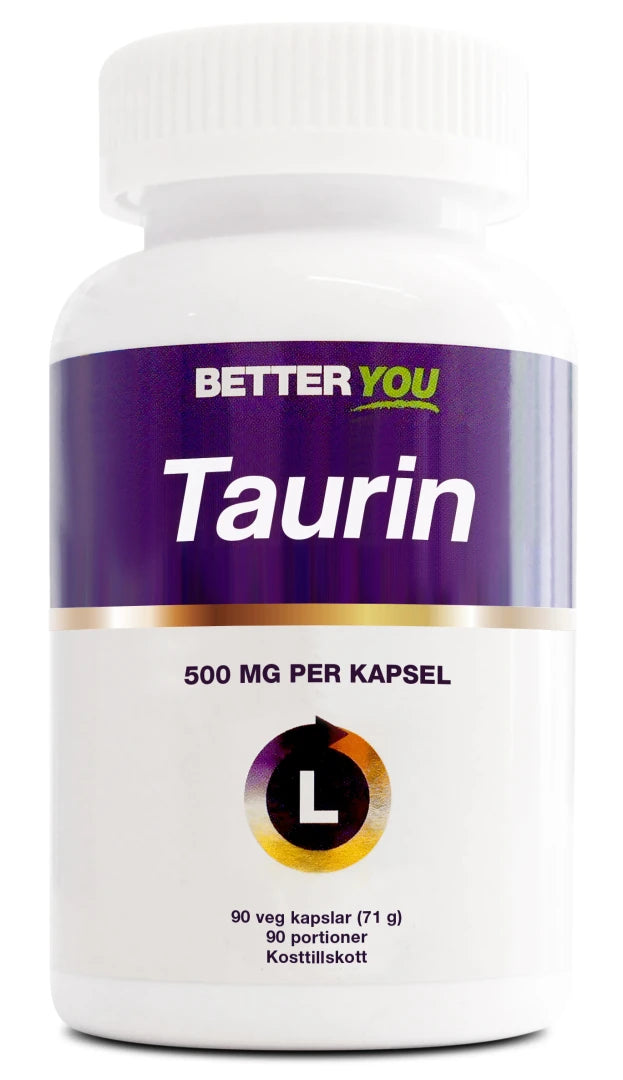 Better You Taurin 90 caps -vegaaniravintolisä valkoisessa purkissa, jossa on violetti etiketti., kuva 1/1