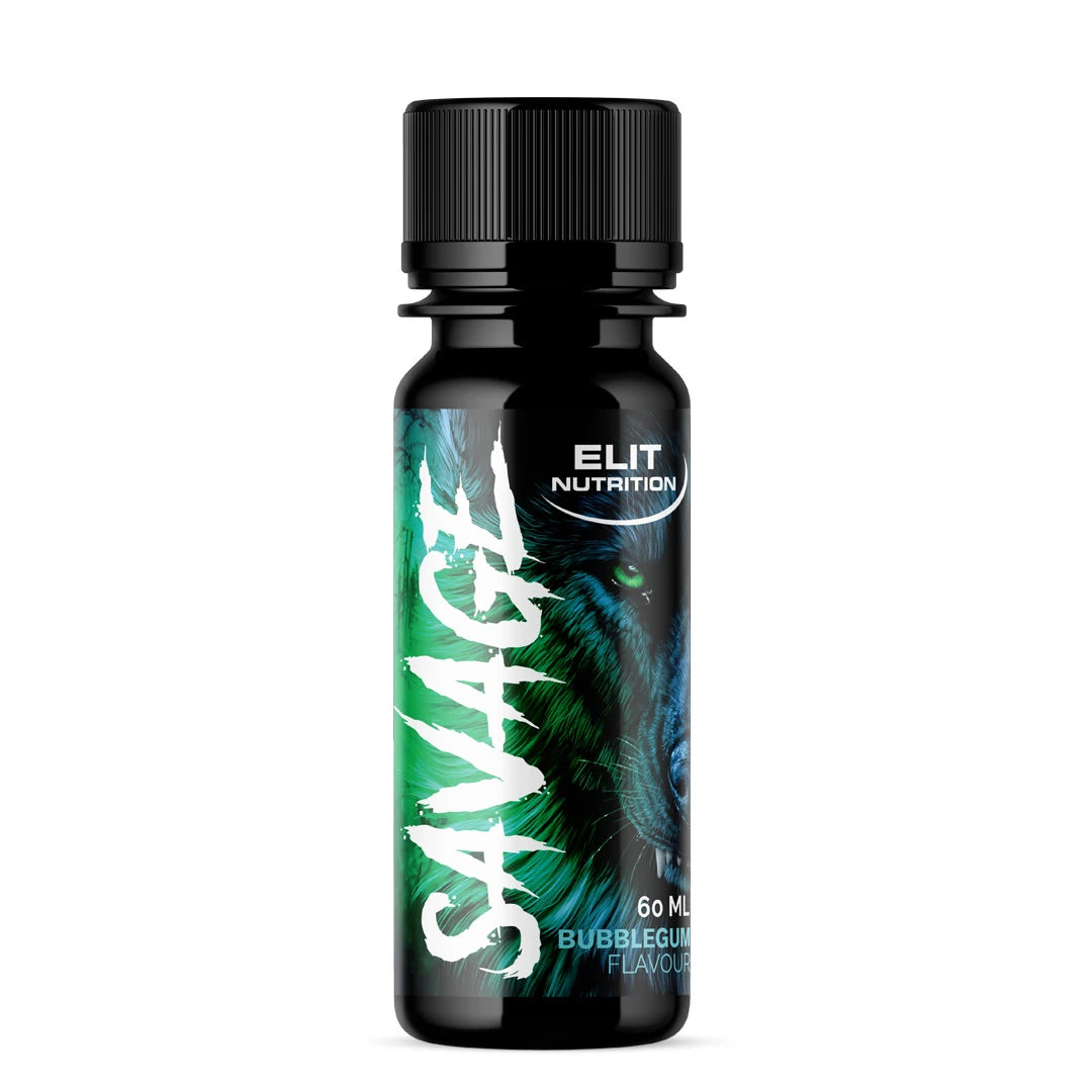 Elit Nutrition Savage PWO Shot 60 ml mustassa pullossa, jossa on vihreä susigrafiikka ja teksti Bubblegum-maulle., kuva 1/1