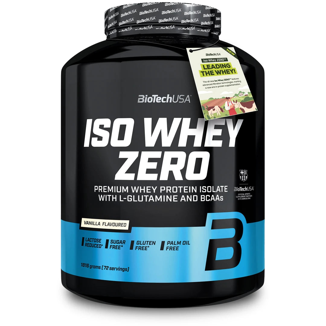 BioTechUSA Iso Whey Zero 1816 g proteiinijauhe mustassa purkissa vaaleansinisillä yksityiskohdilla, makuna Vanilla., kuva 2/11