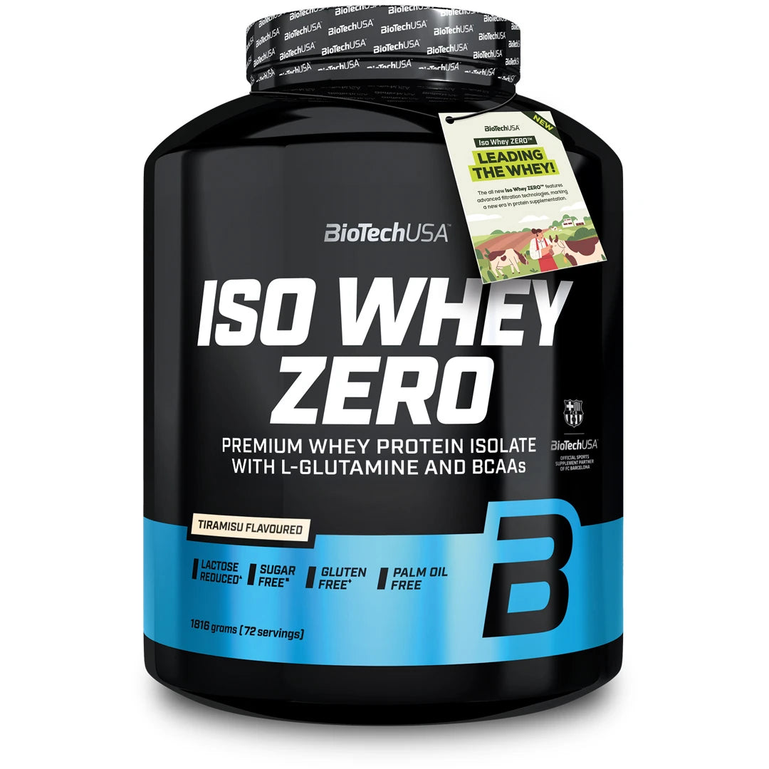 BioTechUSA Iso Whey Zero 1816 g -proteiinijauhe mustassa purkissa vaaleansinisillä yksityiskohdilla, makuna Tiramisu., kuva 11/11