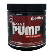 Sportlab Inzane PUMP 300 g kofeiiniton PWO mustassa purkissa tummanpunaisella etiketillä, makuna Real Strawberry.