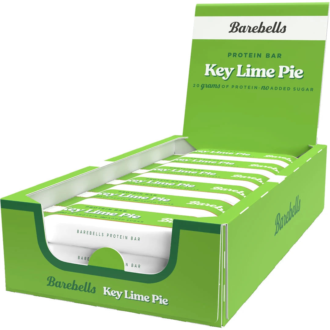 12 x Barebells Protein Bar 55 g Key Lime Pie vihreässä laatikossa valkoisilla yksityiskohdilla., kuva 1/1