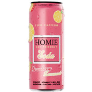 Homie Soda Synbiotic 330 ml -vitamiinijuoma vaaleanpunaisessa tölkissä vesipisaroilla, makuna Strawberry Lemonade.