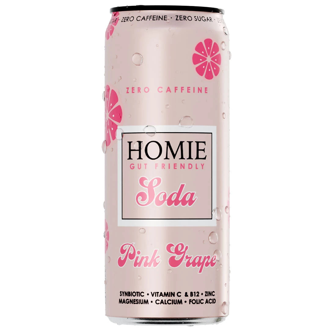 Homie Soda Synbiotic 330 ml hiilihapotettu vitamiinijuoma vaaleanpunaisessa tölkissä, jossa on tummanroosia greippikuvioita, makuna Pink Grapefruit., kuva 3/3