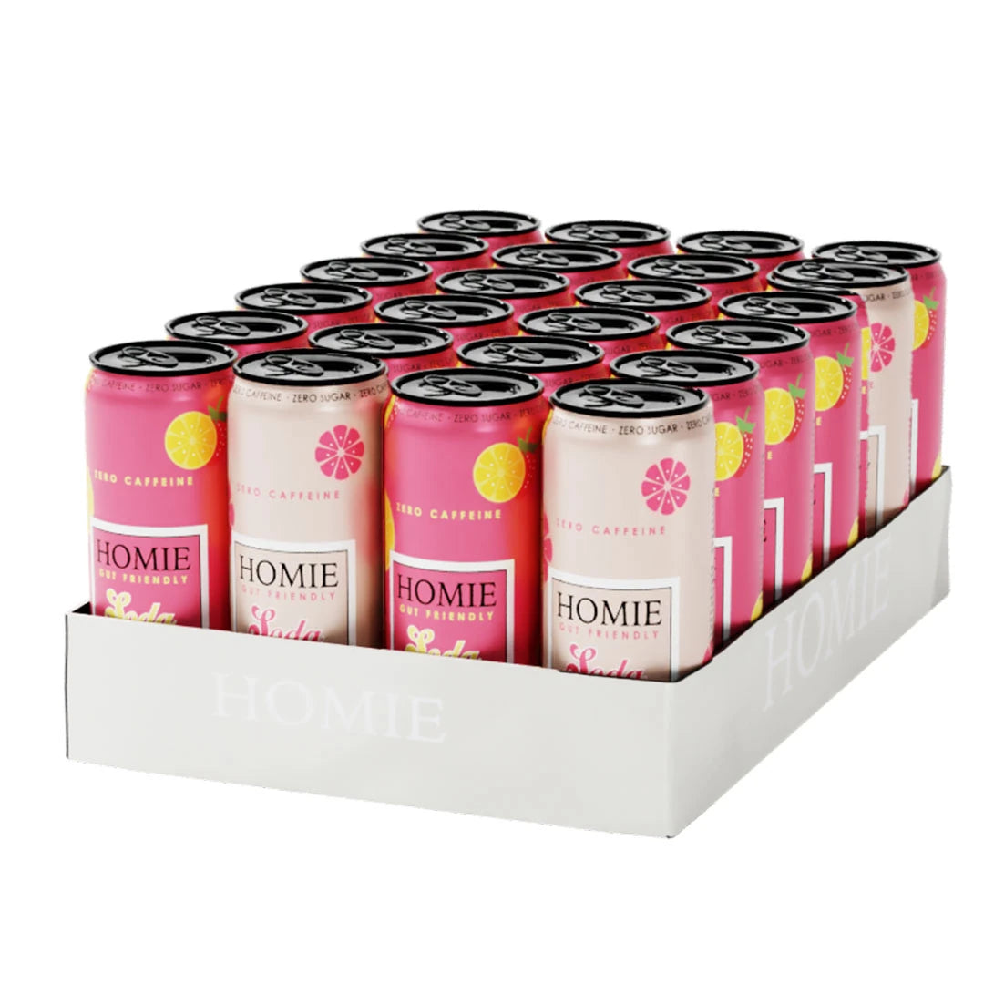 24 x Homie Soda Synbiotic 330 ml Mixflak valkoisessa laatikossa, jossa on vaaleanpunaisia ja vaaleanbeigejä tölkkejä., kuva 1/1