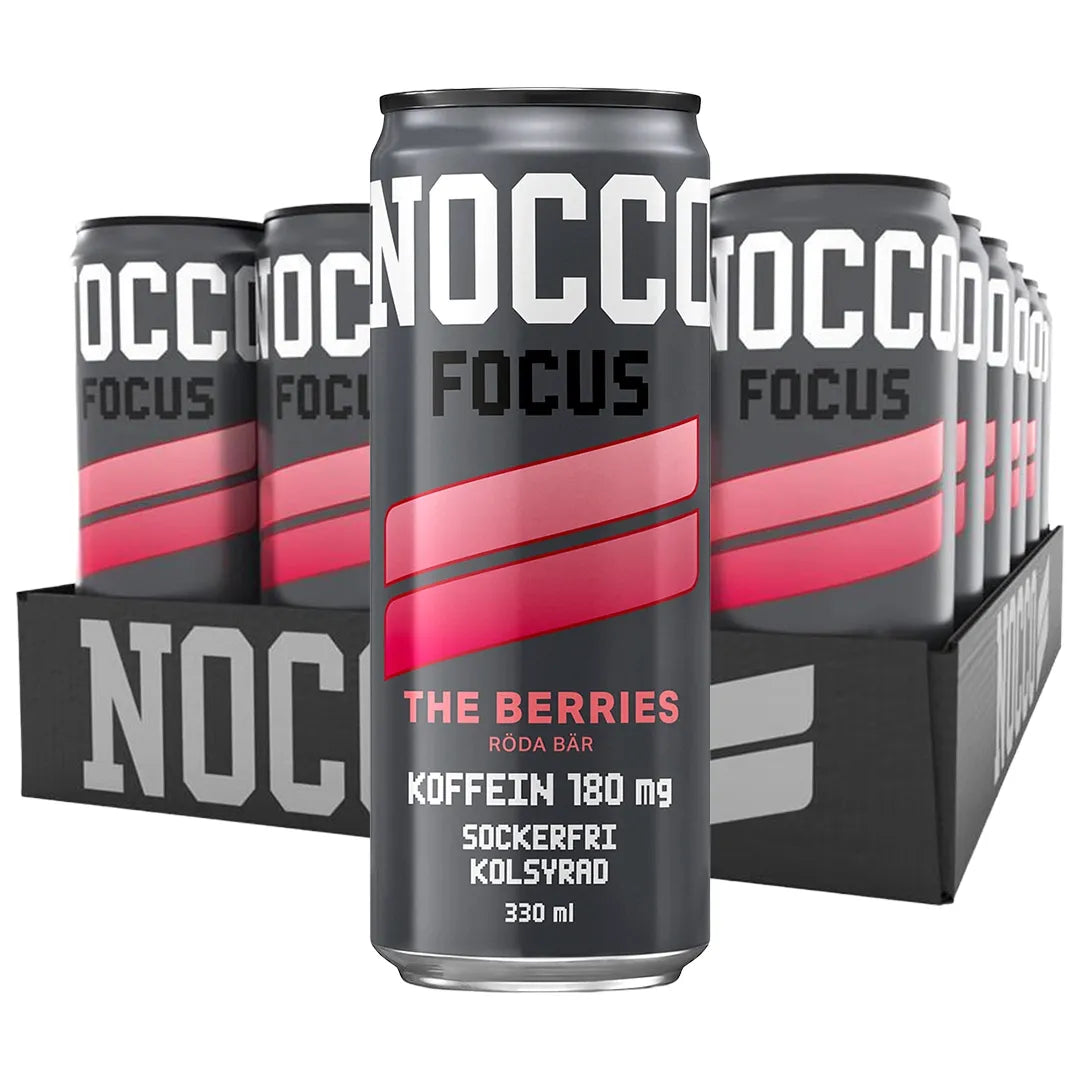 24 x NOCCO FOCUS 330 ml The Berries mustassa laatikossa, tummanharmaita tölkkejä vaaleanpunaisilla yksityiskohdilla., kuva 1/1