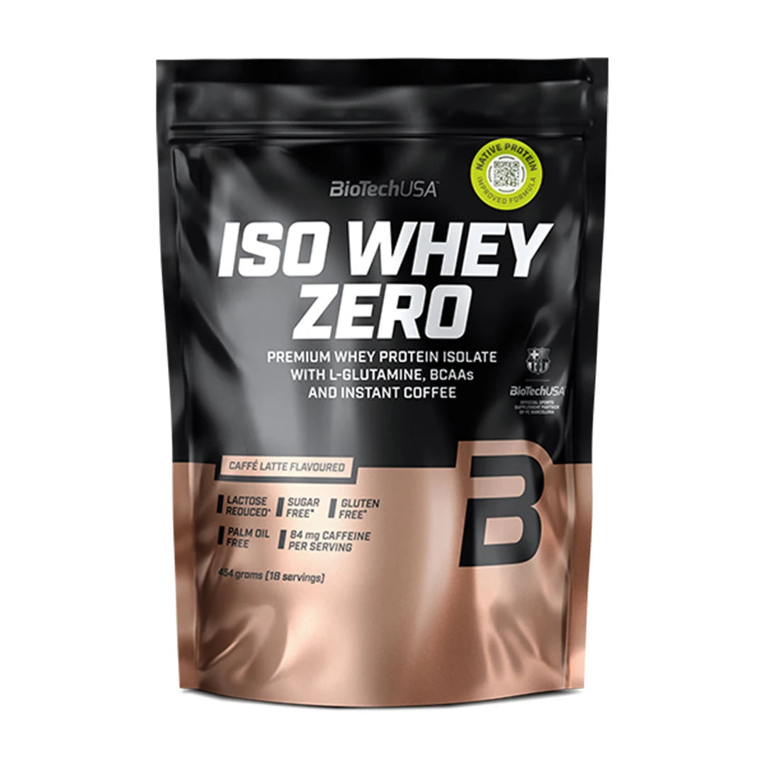 BioTechUSA Iso Whey Zero 454 g -proteiinijauhe Caffé Latte -maussa tyylikkäässä musta-pronssisessa pussissa., kuva 2/12