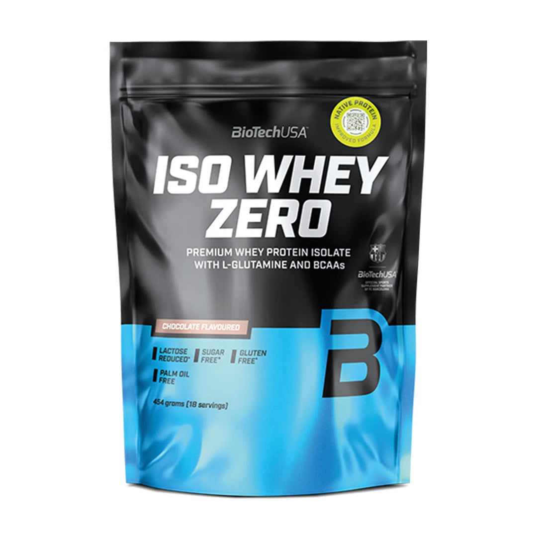 Musta ja vaaleansininen pussi BioTechUSA Iso Whey Zero 454 g -proteiinijauhetta suklaan makuisena., kuva 4/12