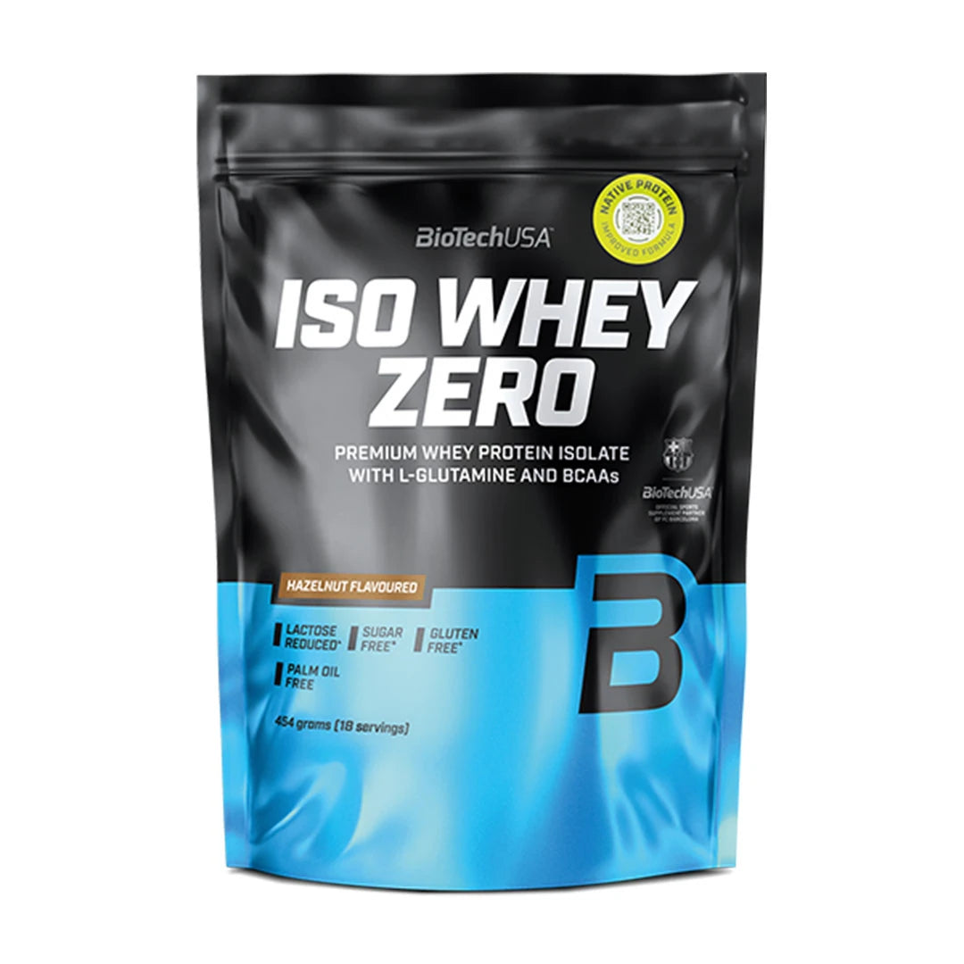 Musta ja sininen pussi BioTechUSA Iso Whey Zero 454 g -proteiinijauhetta makuna Hazelnut., kuva 7/12