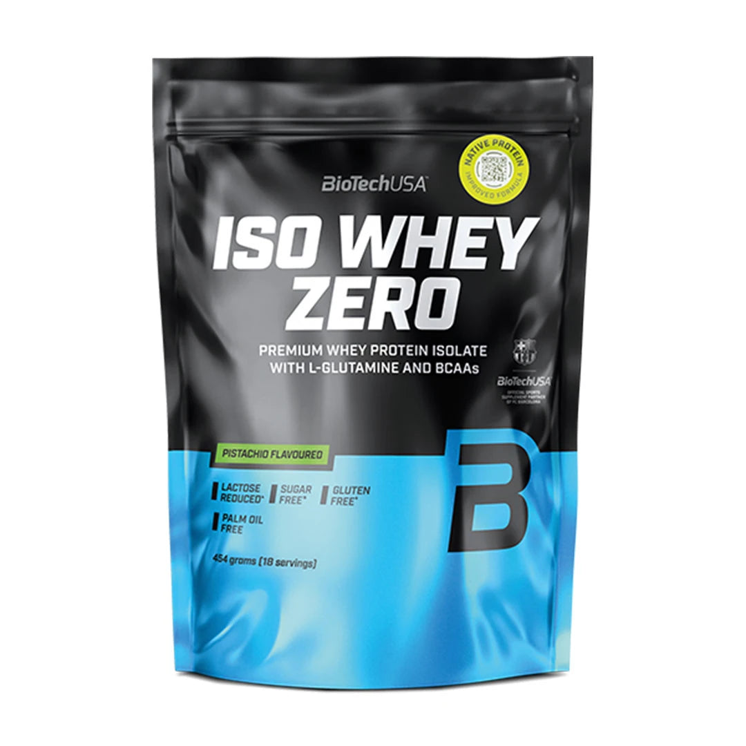 Musta ja vaaleansininen pussi BioTechUSA Iso Whey Zero 454 g -proteiinijauhetta, makuna Pistachio., kuva 9/12