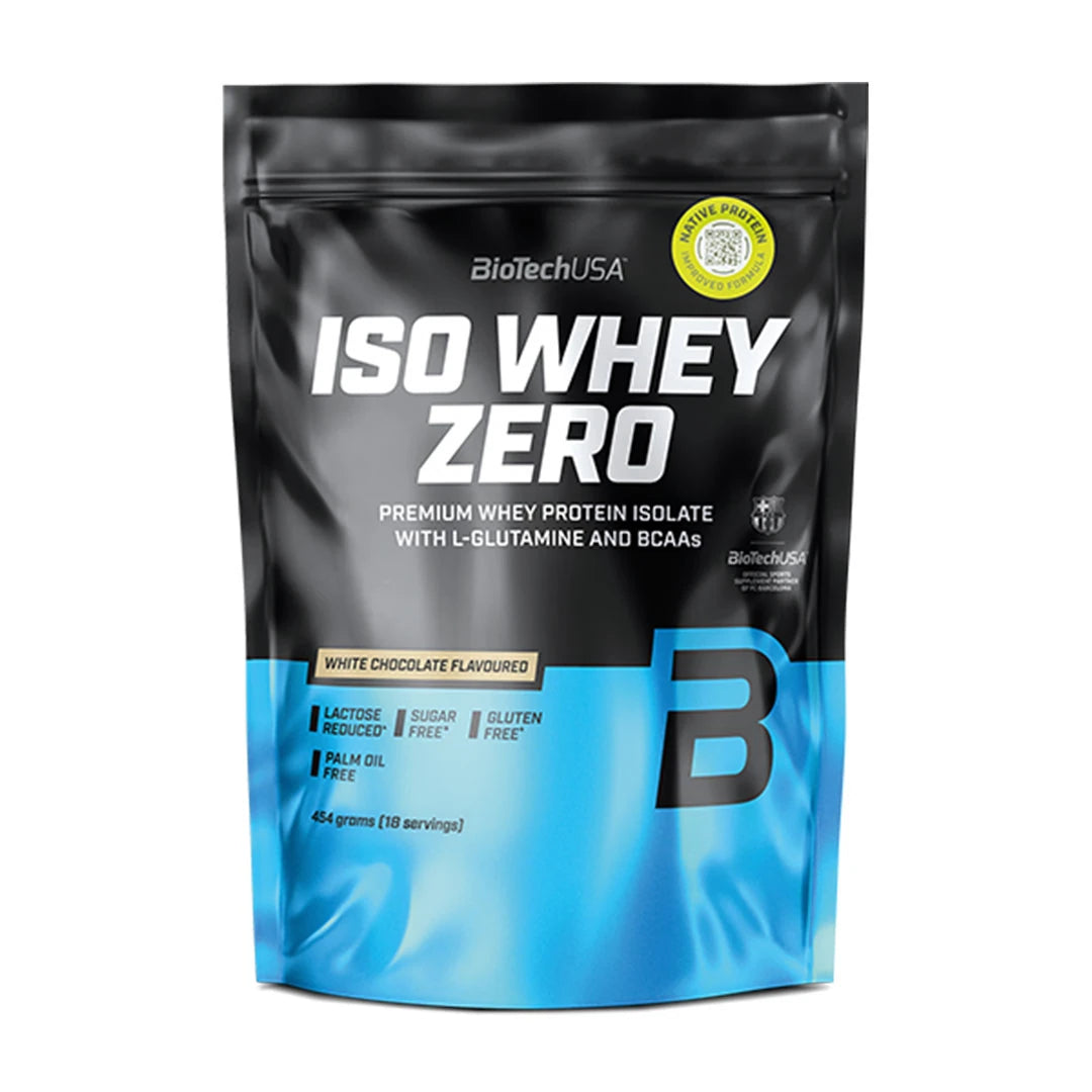 Musta-sininen pussi BioTechUSA Iso Whey Zero 454 g -proteiinijauhetta maussa White Chocolate., kuva 12/12