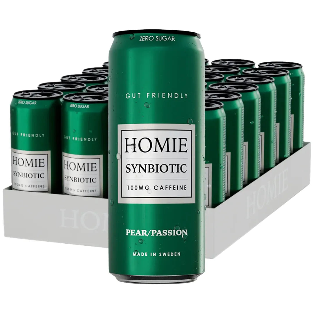 24 x Homie Wake Up Synbiotic 330 ml Pear Passion vaaleassa pahvilaatikossa, joka on täynnä tummanvihreitä tölkkejä., kuva 1/1