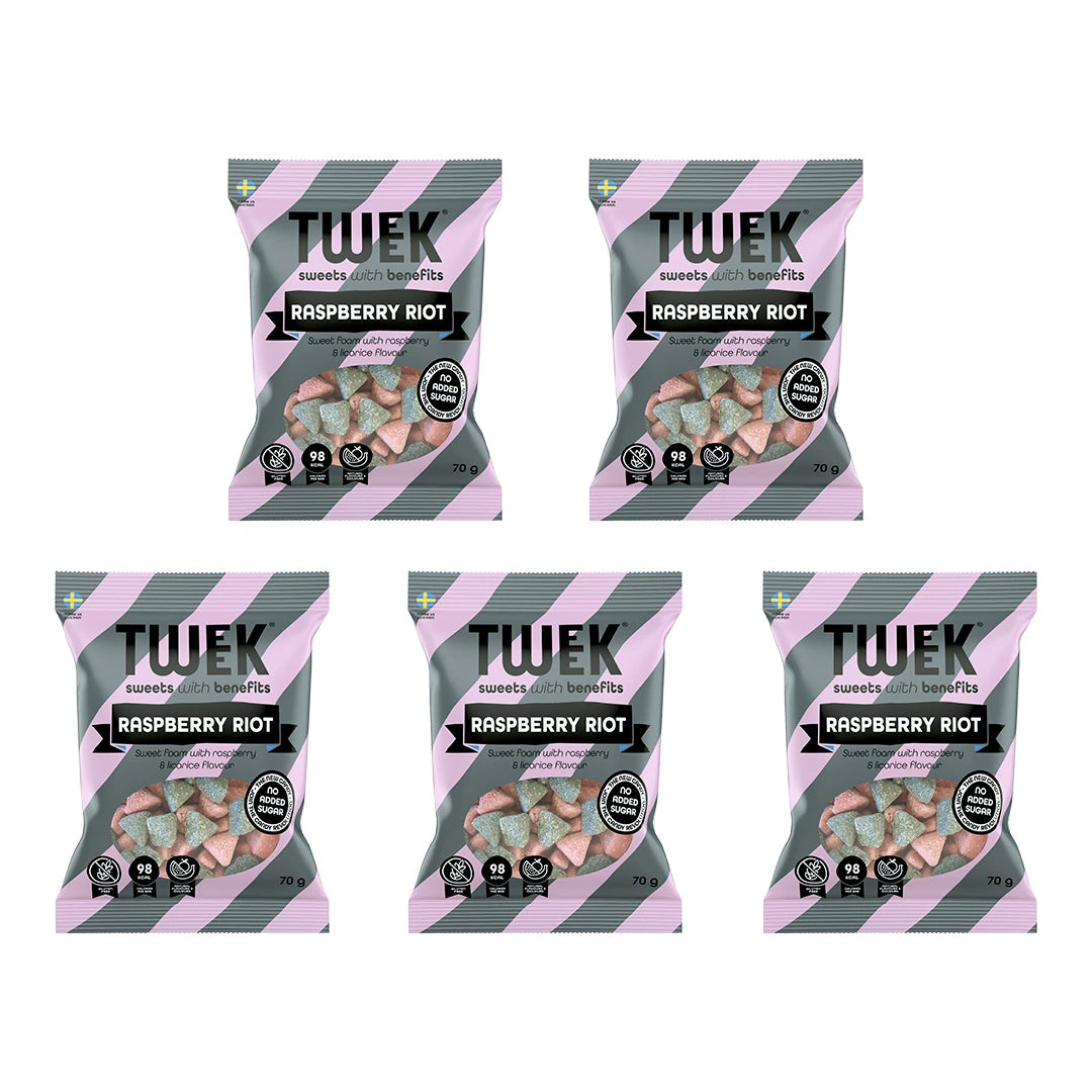 5 x Tweek Sweets 70 g Raspberry Riot vaaleanpunaisissa ja harmaissa karkkipusseissa mustilla yksityiskohdilla., kuva 1/1