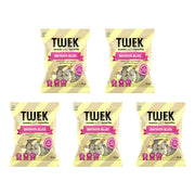 5 x Tweek Sweets 70 g Banana Bliss kelta-raidallisissa karkkipusseissa, joissa on vaaleanpunaisia yksityiskohtia.