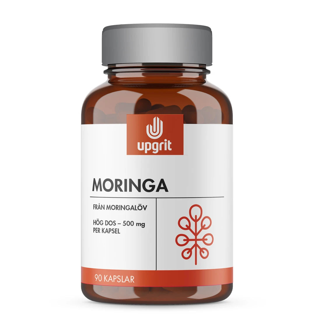 Upgrit Moringa 90 caps ruskeassa lasipurkissa, jossa on valko-oranssi etiketti ja harmaa kansi., kuva 1/1