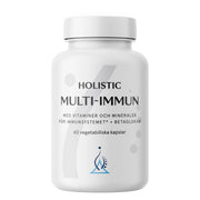 Holistic Multi-Immun 60 caps -ravintolisä immuunijärjestelmälle valkoisessa purkissa harmailla yksityiskohdilla.
