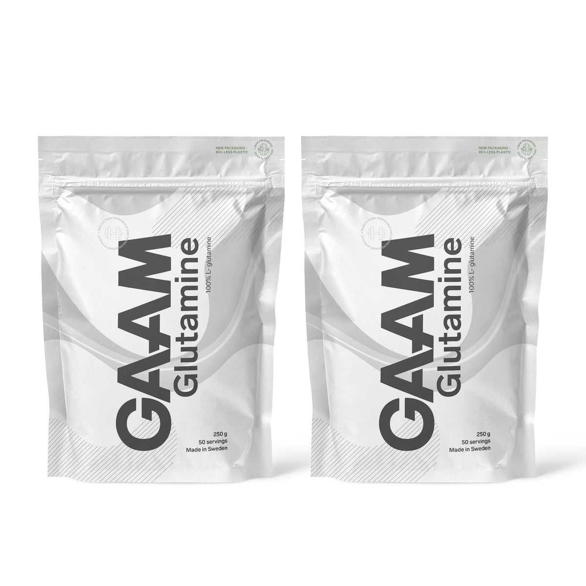 2 x GAAM Glutamine 250 g -aminohapot kahdessa valkoisessa pussissa harmailla yksityiskohdilla., kuva 1/1