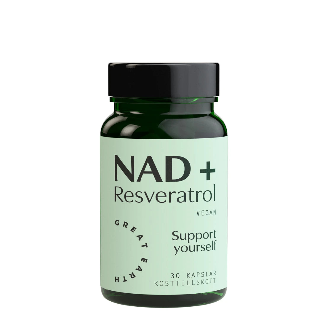 Great Earth NAD+ Resveratrol 30 caps -ravintolisä tummanvihreässä purkissa vaaleanvihreällä etiketillä., kuva 1/1