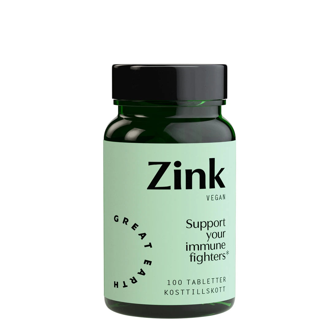 Great Earth Zink 25 mg 100 tabs tummanvihreässä purkissa mustalla kannella ja vaaleanvihreällä etiketillä., kuva 1/1