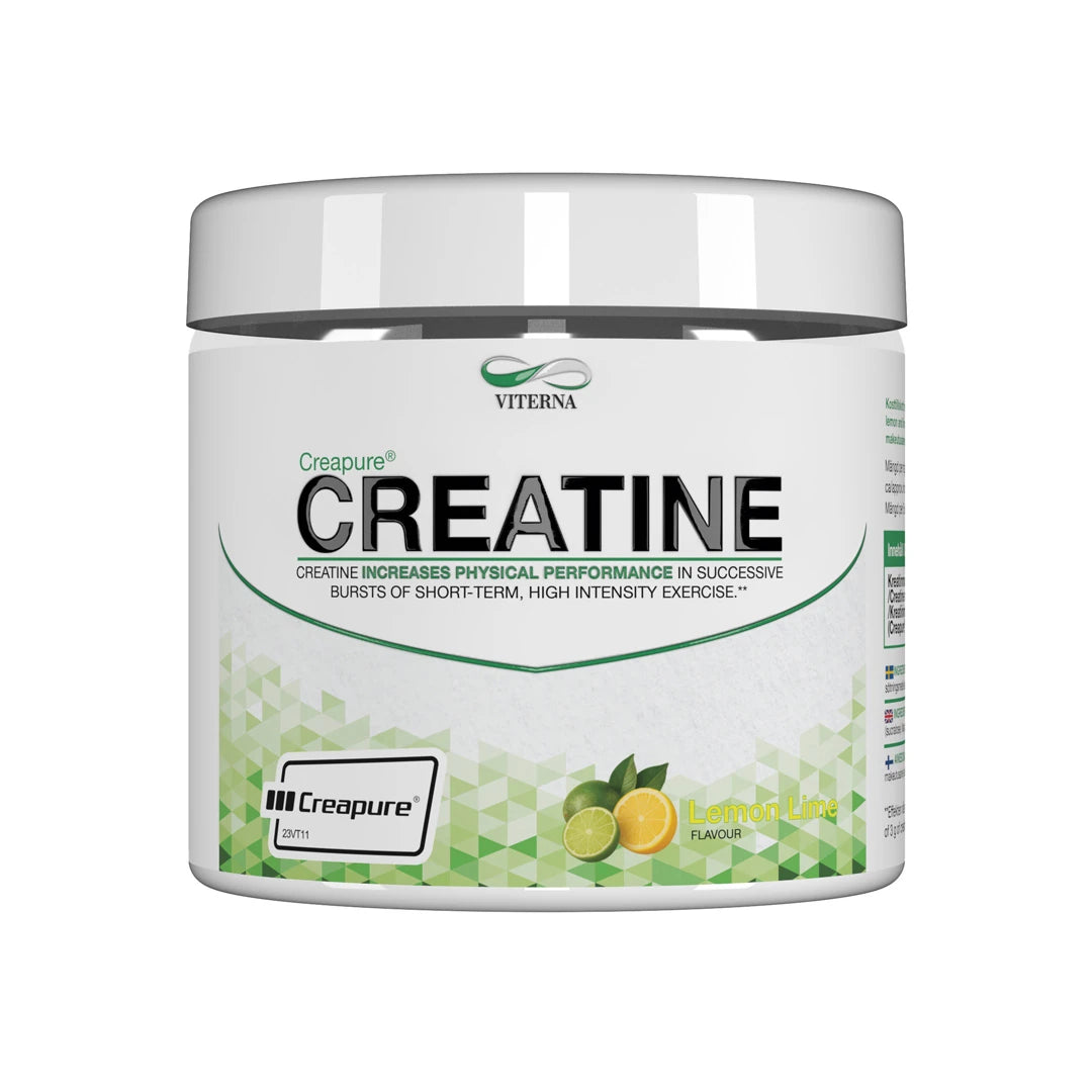 Viterna Creapure® 300 g -kreatiinijauhe valkoisessa purkissa vihreillä yksityiskohdilla, makuna Lemon Lime., kuva 2/3