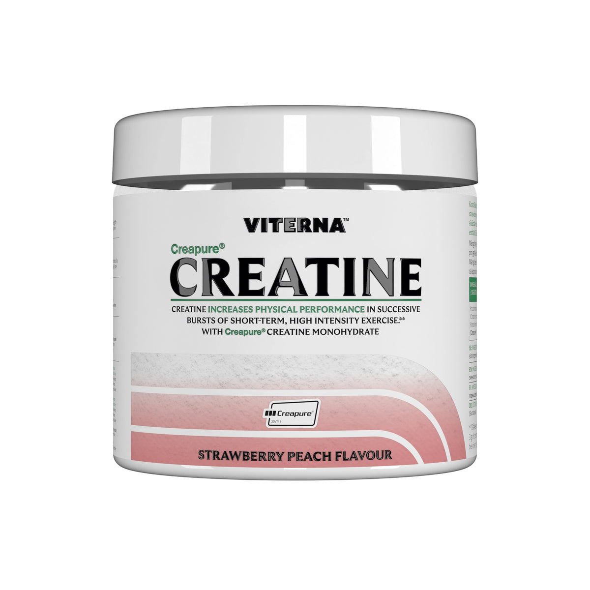 Viterna Creapure® 300 gr Strawberry Peach -kreatiini valkoisessa purkissa, jossa on vihreitä yksityiskohtia., kuva 3/3