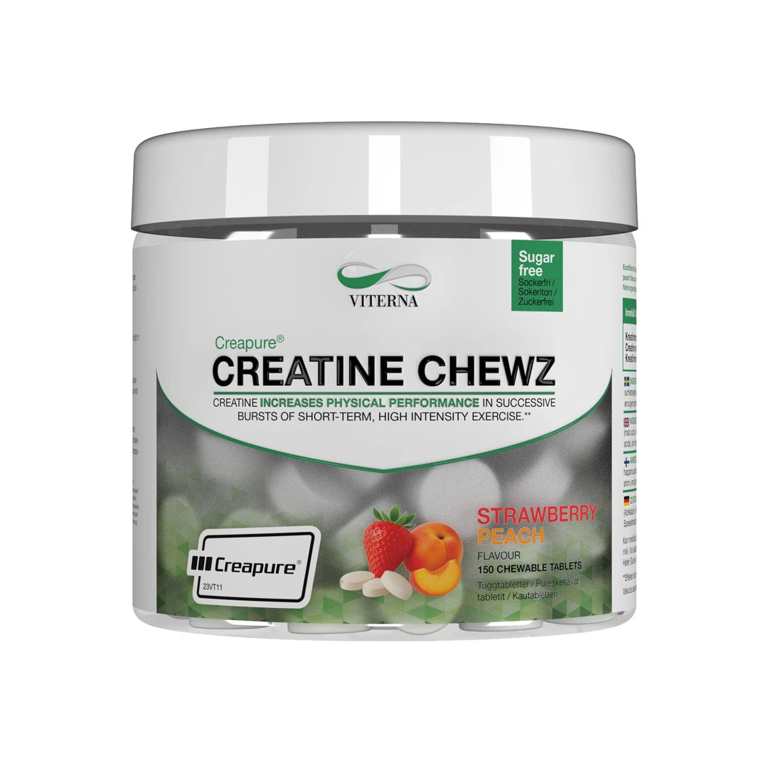 Viterna Creapure® Chewz 150 pcs -purutabletit läpinäkyvässä purkissa valkoisella kannella, makuna Strawberry Peach.